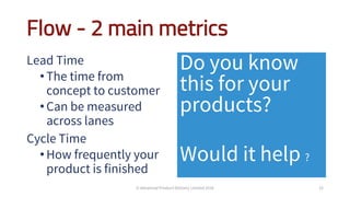 Flow - 2 main metrics
Lead Time
•The time from
concept to customer
•Can be measured
across lanes
Cycle Time
•How frequently your
product is finished
Do you know
this for your
products?
Would it help ?
22© Advanced Product Delivery Limited 2016
 