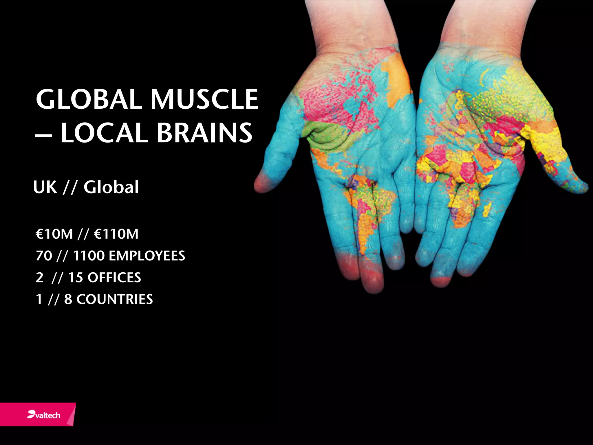 GLOBAL MUSCLE
– LOCAL BRAINS
UK // Global

€10M // €110M
70 // 1100 EMPLOYEES
2 // 15 OFFICES
1 // 8 COUNTRIES
 