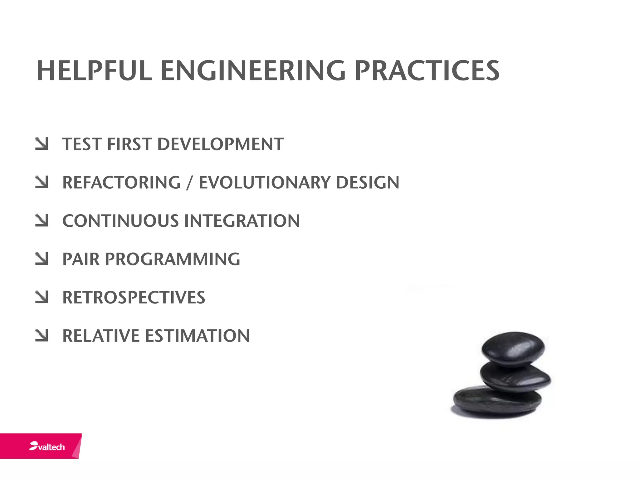 HELPFUL ENGINEERING PRACTICES

 TEST FIRST DEVELOPMENT

 REFACTORING / EVOLUTIONARY DESIGN

 CONTINUOUS INTEGRATION

 PAIR PROGRAMMING

 RETROSPECTIVES

 RELATIVE ESTIMATION
 