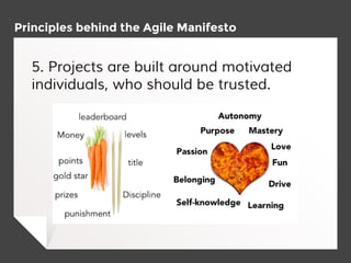 Principles behind the Agile Manifesto
5. Projects are built around motivated
individuals, who should be trusted.
 