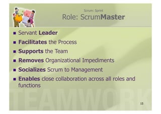 Scrum: Sprint

                      Role: ScrumMaster

  Servant   Leader
  Facilitates   the Process
  Supports    the Team
  Removes     Organizational Impediments
  Socializes    Scrum to Management
  Enables    close collaboration across all roles and
  functions


                                                         15
 