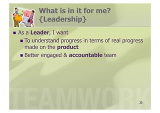 What is in it for me?
          {Leadership}
  As a Leader, I want
     To understand progress in terms of real progress
      made on the product
     Better engaged & accountable team




                                                    25
 