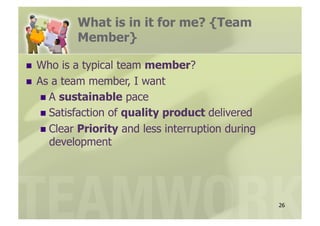 What is in it for me? {Team
           Member}

  Who    is a typical team member?
  As a team member, I want
      A sustainable pace
      Satisfaction of quality product delivered
      Clear Priority and less interruption during
       development




                                                     26
 