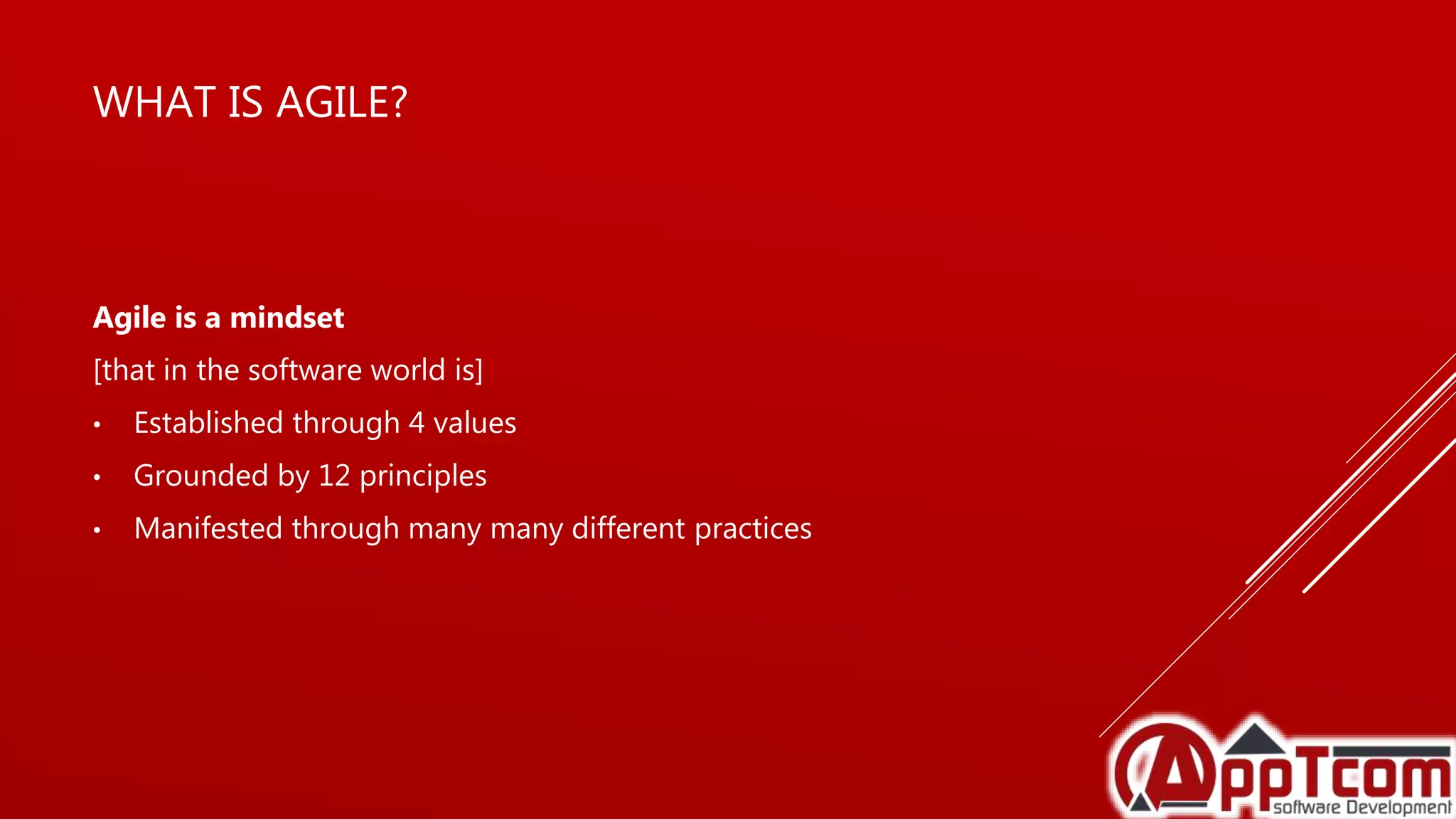 WHAT IS AGILE?
Agile is a mindset
[that in the software world is]
• Established through 4 values
• Grounded by 12 principles
• Manifested through many many different practices
 