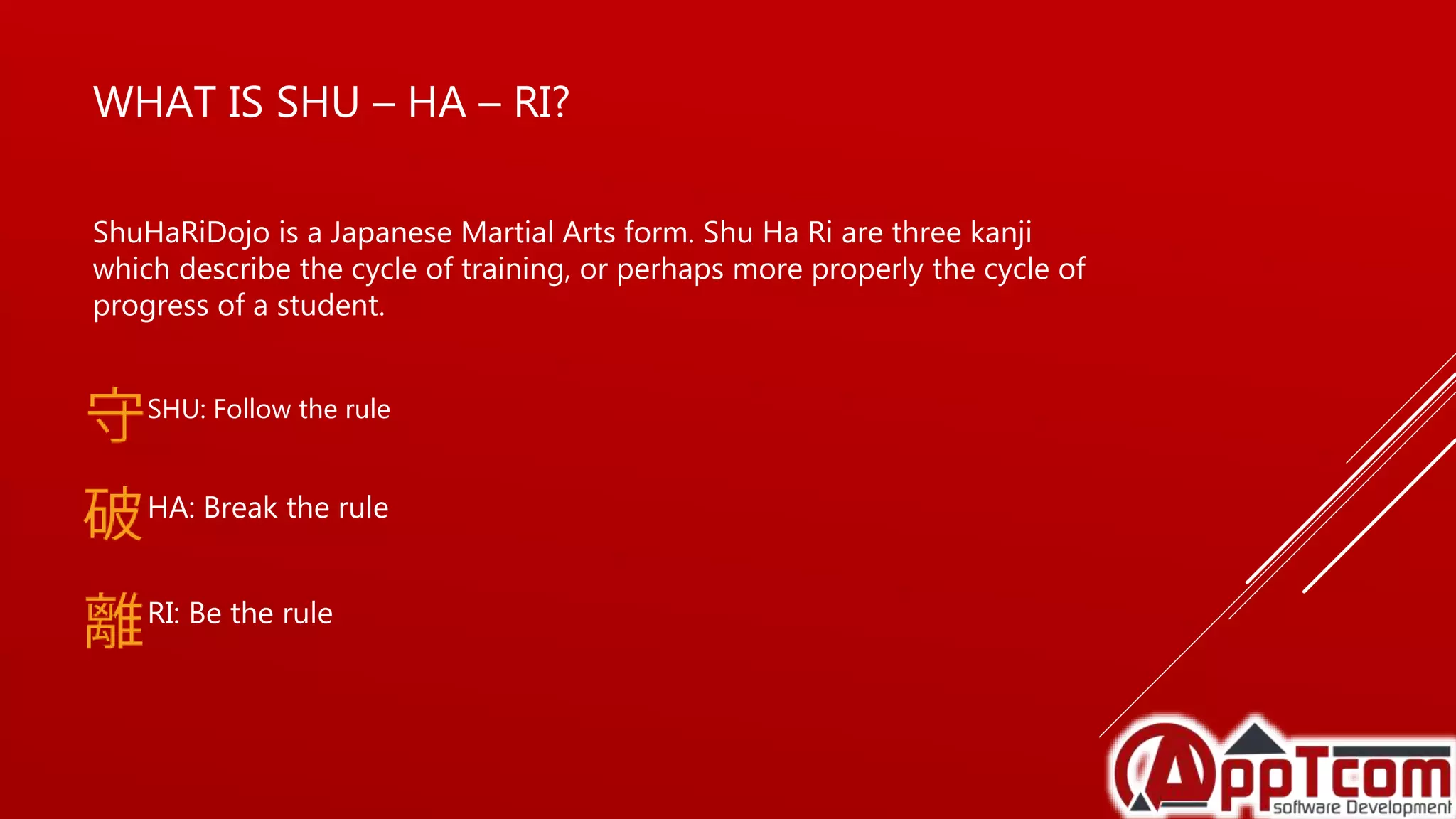 WHAT IS SHU – HA – RI?
ShuHaRiDojo is a Japanese Martial Arts form. Shu Ha Ri are three kanji
which describe the cycle of training, or perhaps more properly the cycle of
progress of a student.
SHU: Follow the rule
HA: Break the rule
RI: Be the rule
 