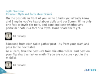Agile Overview
     Exercise : Myth and Facts about Scrum
     On the post-its in front of you, write 3 facts you already know
     and 3 myths you’ve heard about agile and /or Scrum. Write only
     one fact or myth per note, and don't indicate whether any
     particular note is a fact or a myth. Don't share them yet.

          10 minutes


     Someone from each table gather post-‐its from your team and
     pass to the next table
     As a team, take the post-‐its from the other team and post on
     your flip chart as fact or myth (if you are not sure – put in the
     middle)

          10 minutes

13
 