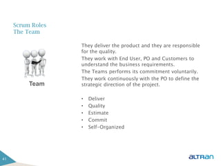 Scrum Roles
     The Team

                   They deliver the product and they are responsible
                   for the quality.
                   They work with End User, PO and Customers to
                   understand the business requirements.
                   The Teams performs its commitment voluntarily.
                   They work continuously with the PO to define the
          Team     strategic direction of the project.

                   •   Deliver
                   •   Quality
                   •   Estimate
                   •   Commit
                   •   Self-Organized




41
 