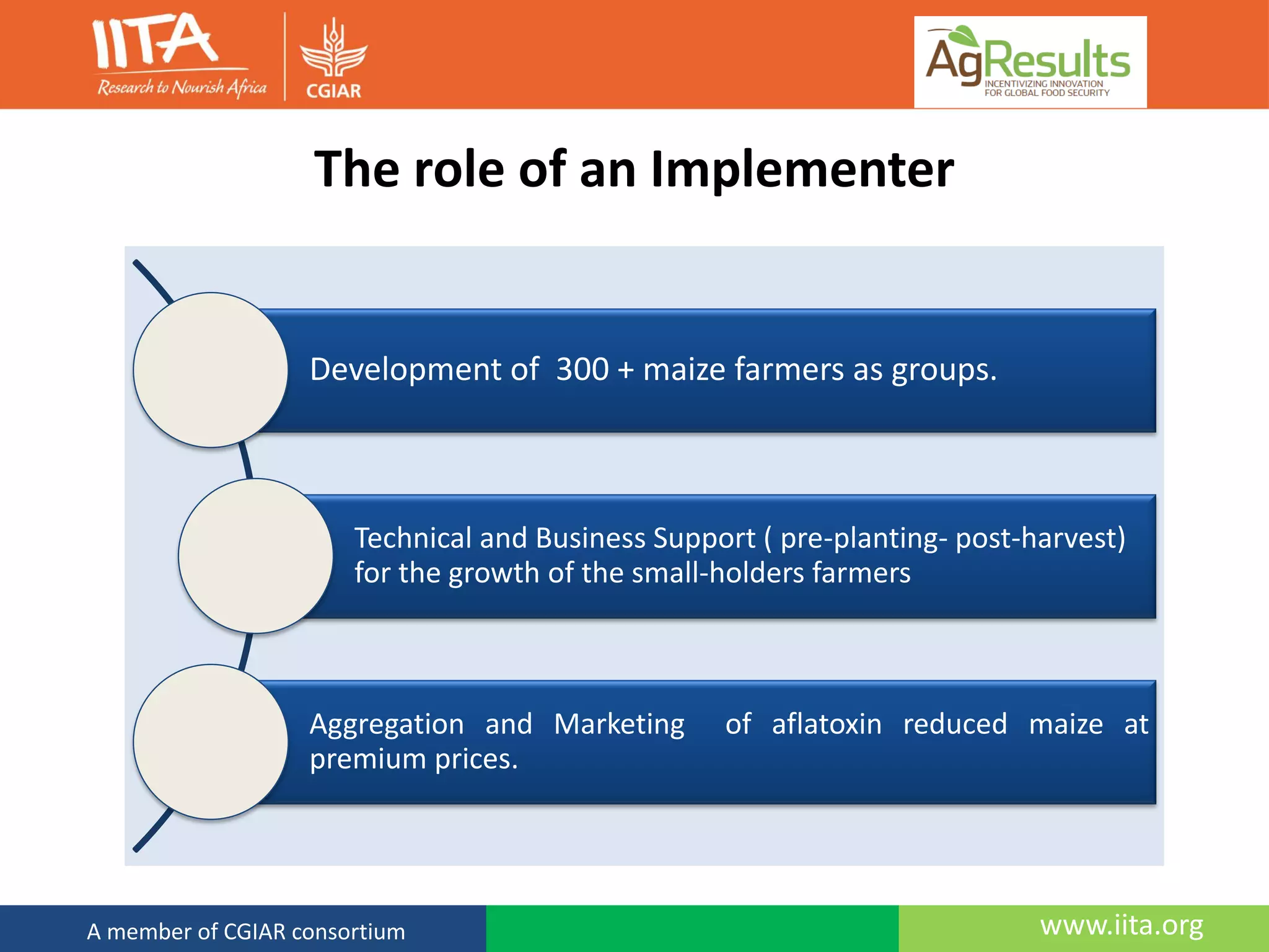 www.iita.orgA member of CGIAR consortium
The role of an Implementer
Development of 300 + maize farmers as groups.
Technical and Business Support ( pre-planting- post-harvest)
for the growth of the small-holders farmers
Aggregation and Marketing of aflatoxin reduced maize at
premium prices.
 