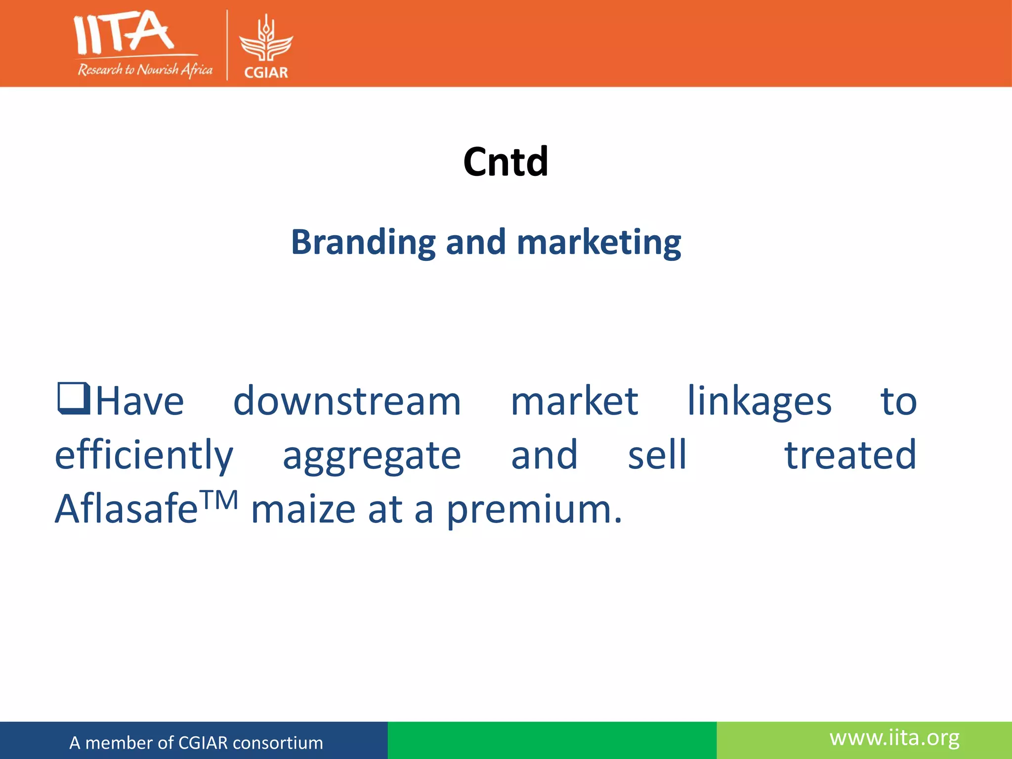 www.iita.orgA member of CGIAR consortium
Cntd
Branding and marketing
Have downstream market linkages to
efficiently aggregate and sell treated
AflasafeTM maize at a premium.
 