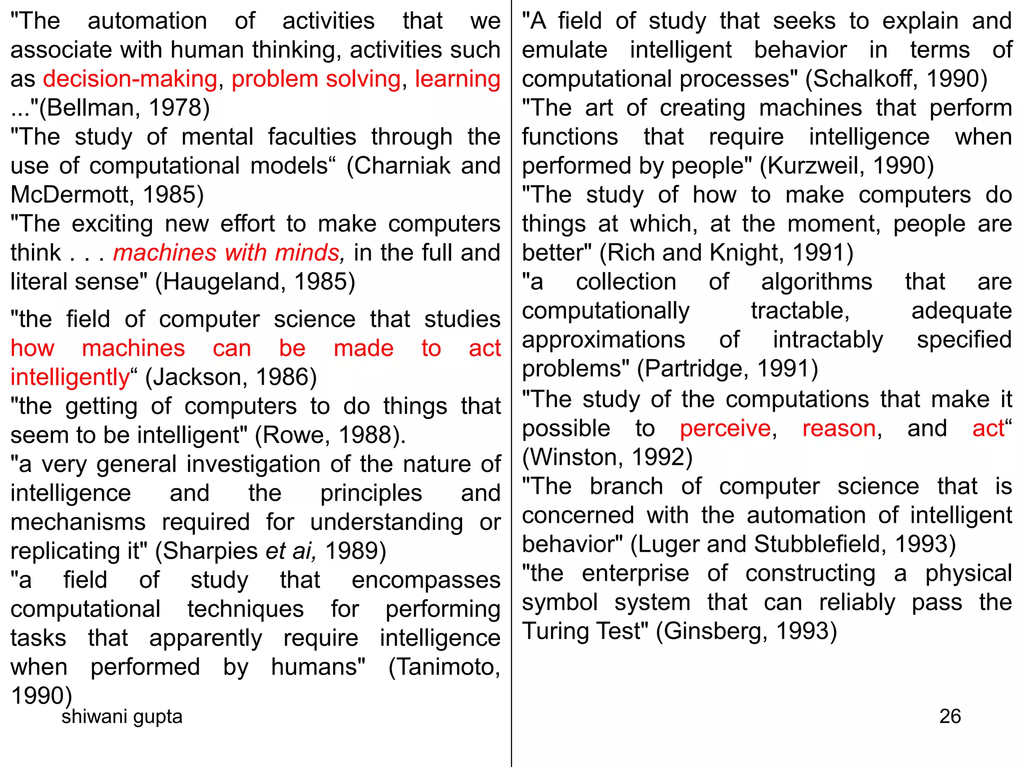 shiwani gupta 26
"The automation of activities that we
associate with human thinking, activities such
as decision-making, problem solving, learning
..."(Bellman, 1978)
"The study of mental faculties through the
use of computational models“ (Charniak and
McDermott, 1985)
"The exciting new effort to make computers
think . . . machines with minds, in the full and
literal sense" (Haugeland, 1985)
"A field of study that seeks to explain and
emulate intelligent behavior in terms of
computational processes" (Schalkoff, 1990)
"The art of creating machines that perform
functions that require intelligence when
performed by people" (Kurzweil, 1990)
"The study of how to make computers do
things at which, at the moment, people are
better" (Rich and Knight, 1991)
"a collection of algorithms that are
computationally tractable, adequate
approximations of intractably specified
problems" (Partridge, 1991)
"the field of computer science that studies
how machines can be made to act
intelligently“ (Jackson, 1986)
"the getting of computers to do things that
seem to be intelligent" (Rowe, 1988).
"a very general investigation of the nature of
intelligence and the principles and
mechanisms required for understanding or
replicating it" (Sharpies et ai, 1989)
"a field of study that encompasses
computational techniques for performing
tasks that apparently require intelligence
when performed by humans" (Tanimoto,
1990)
"The study of the computations that make it
possible to perceive, reason, and act“
(Winston, 1992)
"The branch of computer science that is
concerned with the automation of intelligent
behavior" (Luger and Stubblefield, 1993)
"the enterprise of constructing a physical
symbol system that can reliably pass the
Turing Test" (Ginsberg, 1993)
 