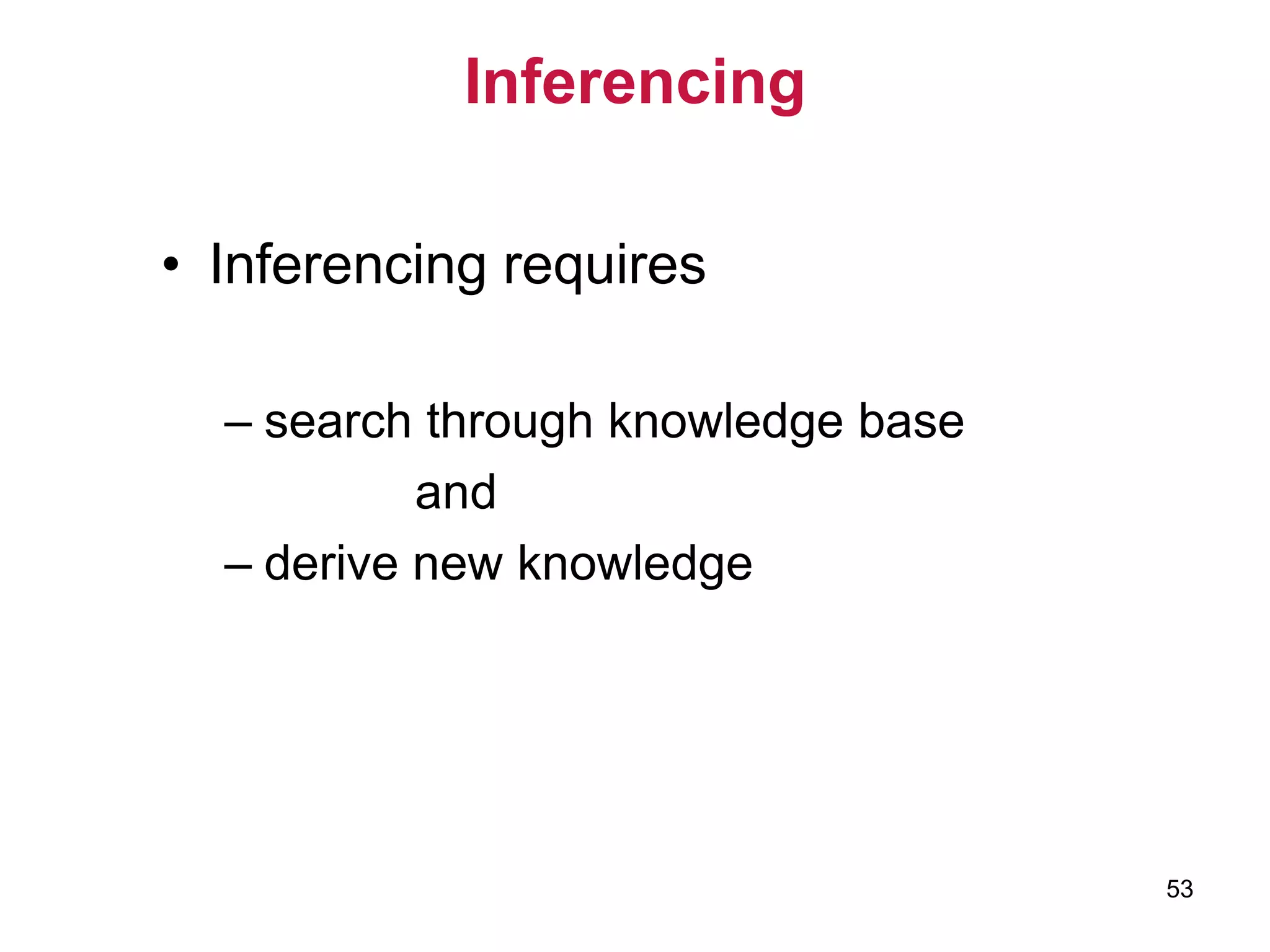 53
Inferencing
• Inferencing requires
– search through knowledge base
and
– derive new knowledge
 