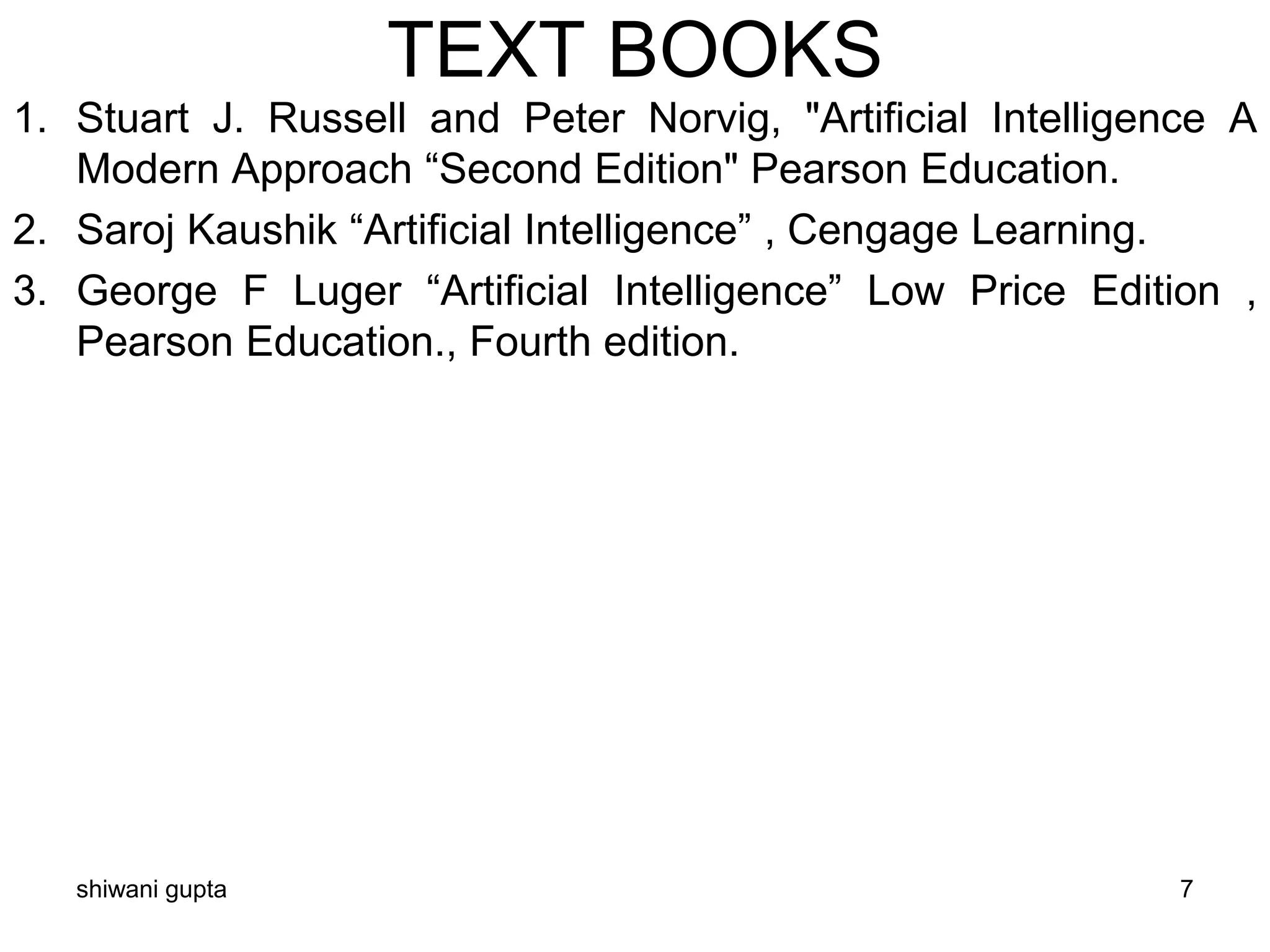 TEXT BOOKS
1. Stuart J. Russell and Peter Norvig, "Artificial Intelligence A
Modern Approach “Second Edition" Pearson Education.
2. Saroj Kaushik “Artificial Intelligence” , Cengage Learning.
3. George F Luger “Artificial Intelligence” Low Price Edition ,
Pearson Education., Fourth edition.
shiwani gupta 7
 