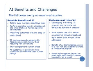 AI Benefits and Challenges
Possible Benefits of AI
• Taking over mundane repetitive task
• Perform complex task in a fraction of
the time it takes a human operator
to complete
• Producing outcomes that are easy to
understand
• AI machines can be deployed in
hazardous environments, thus
reducing risk to humans
• They complement human effort
• AI Systems are generally more
consistent and reliable than human
beings
Challenges and risk of AI
• Developing a thinking AI
systems are currently too
difficult to achieve in practice
• Wide spread use of AI raises
a number of ethical, moral and
legal issues that are yet to be
addressed
• Benefit of AI technologies accrue
to a few rich and wealthy owners
of investment capital
• Poses high negative impact on
traditional skills and increasing
inequality as a result
The list below are by no means exhaustive
 