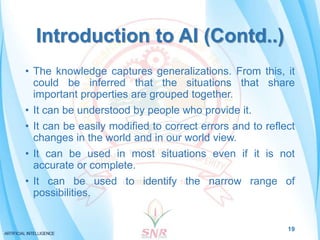 Introduction to AI (Contd..)
• The knowledge captures generalizations. From this, it
could be inferred that the situations...
