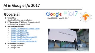 AI in Google I/o 2017
1. TensorFlow
Google’s Machine learning System
2. 2nd Generation TPU (Tensor Processing Unit)
for TensorFlow Research Cloud
3. Machine Learning API
• Google Cloud Machine Learning Engine
• Google Cloud Jobs API
• Google Cloud Vision API
• Google Cloud Speech API
• Google Cloud Natural Language API
• Google Cloud Translation API
• Google Cloud Video Intelligence API
4. AI in Google’s Products
• Google Assistant
• Google Lens
Google.ai
May 17,2017 – May 19, 2017
 