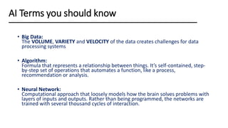 • Big Data:
The VOLUME, VARIETY and VELOCITY of the data creates challenges for data
processing systems
• Algorithm:
Formula that represents a relationship between things. It’s self-contained, step-
by-step set of operations that automates a function, like a process,
recommendation or analysis.
• Neural Network:
Computational approach that loosely models how the brain solves problems with
layers of inputs and outputs. Rather than being programmed, the networks are
trained with several thousand cycles of interaction.
AI Terms you should know
 