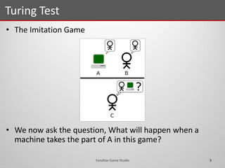 • The Imitation Game
• We now ask the question, What will happen when a
machine takes the part of A in this game?
Turing Test
5Fanafzar Game Studio
 