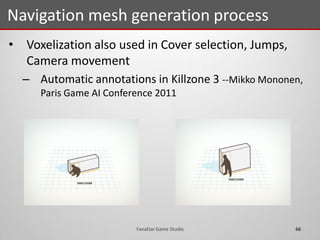 • Voxelization also used in Cover selection, Jumps,
Camera movement
– Automatic annotations in Killzone 3 --Mikko Mononen,
Paris Game AI Conference 2011
Navigation mesh generation process
66Fanafzar Game Studio
 