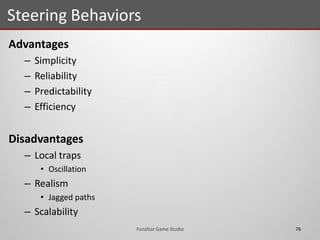 Advantages
– Simplicity
– Reliability
– Predictability
– Efficiency
Disadvantages
– Local traps
• Oscillation
– Realism
• Jagged paths
– Scalability
Steering Behaviors
76Fanafzar Game Studio
 