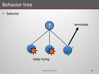 • Selector
Behavior tree
89Fanafzar Game Studio
terminate
keep trying
?
 