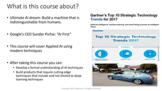 What is this course about?
• Ultimate AI dream: Build a machine that is
indistinguishable from humans.
• Google’s CEO Sundar Pichai: “AI First”
• This course will cover Applied AI using
modern techniques
• After taking this course you can:
• Develop a formal understanding of AI techniques
• Build products that require cutting edge
techniques that include and not limited to deep
learning techniques
Copyright 2016 JNResearch, All Rights Reserved
 