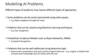 Modelling AI Problems
Different types of problems may require different types of approaches
• Some problems can be easily represented using state spaces
• E.g. Robot navigation through the maze
• Problems that can be solved using Machine Learning techniques
• E.g. Face recognition
• Probabilistic Graphical Models such as Bayes Networks, HMMs
• E.g Speech Recognition
• Problems that can be well addressed using deductive logic
• Given certain propositions and input, perform logical inference – e.g. imagine a chatbot that
encodes some knowledge and can reason with the user
 