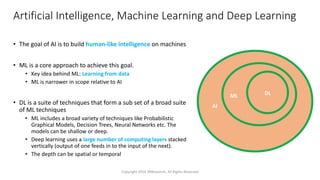 Artificial Intelligence, Machine Learning and Deep Learning
• The goal of AI is to build human-like intelligence on machines
• ML is a core approach to achieve this goal.
• Key idea behind ML: Learning from data
• ML is narrower in scope relative to AI
• DL is a suite of techniques that form a sub set of a broad suite
of ML techniques
• ML includes a broad variety of techniques like Probabilistic
Graphical Models, Decision Trees, Neural Networks etc. The
models can be shallow or deep.
• Deep learning uses a large number of computing layers stacked
vertically (output of one feeds in to the input of the next).
• The depth can be spatial or temporal
Copyright 2016 JNResearch, All Rights Reserved
AI
ML DL
 