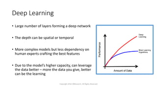 Deep Learning
• Large number of layers forming a deep network
• The depth can be spatial or temporal
• More complex models but less dependency on
human experts crafting the best features
• Due to the model’s higher capacity, can leverage
the data better – more the data you give, better
can be the learning
Copyright 2016 JNResearch, All Rights Reserved
 