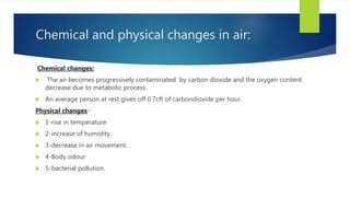 Chemical and physical changes in air:
Chemical changes:
 The air becomes progressively contaminated by carbon dioxide and the oxygen content
decrease due to metabolic process.
 An average person at rest gives off 0.7cft of carbondioxide per hour.
Physical changes:-
 1-rise in temperature.
 2-increase of humidity.
 3-decrease in air movement.
 4-Body odour
 5-bacterial pollution.
 