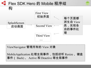 SplashScreen

First View
ʼ
Second View
Third View

ViewNavigator е View 
MobileApplication ȫ¼ Resize 
¼ Back)  Active  Deactive ȫ¼
ÿҳ涼
 View
࣬ʵָ
Ե¼

Flex SDK Hero  Mobile 

 