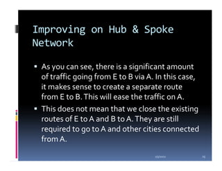 Improving on Hub & Spoke
Network

 As you can see, there is a significant amount
 of traffic going from E to B via A. In this case,
 it makes sense to create a separate route
 from E to B. This will ease the traffic on A.
 This does not mean that we close the existing
 routes of E to A and B to A. They are still
 required to go to A and other cities connected
 from A.
                                    1/5/2012         25
 