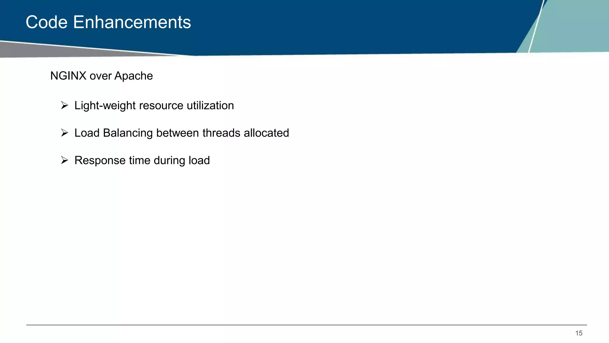 15
Code Enhancements
NGINX over Apache
 Light-weight resource utilization
 Load Balancing between threads allocated
 Response time during load
 