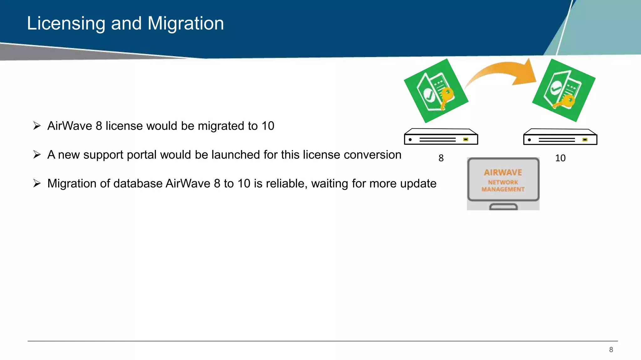 8
Licensing and Migration
 AirWave 8 license would be migrated to 10
 A new support portal would be launched for this license conversion
 Migration of database AirWave 8 to 10 is reliable, waiting for more update
8 10
 