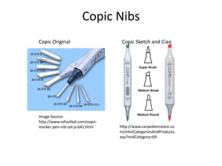 Copic Nibs 
Copic Original 
Image Source: 
http://www.refuelled.com/copic-marker- 
Copic Sketch and Ciao 
pen-nib-set-p-641.html http://www.carpediemstore.co 
m/mlistCategoriesAndProducts. 
asp?midCategory=69 
 