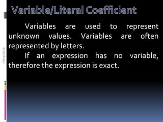 Variables are used to represent
            unknown values. Variables are often
            represented by letters.
navyca...