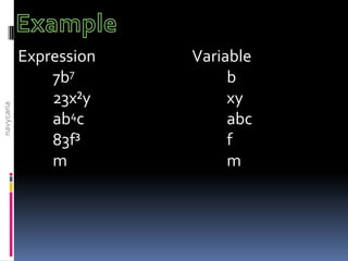 Expression   Variable
                7b7           b
                23x²y         xy
navycaria




                ab4c ...