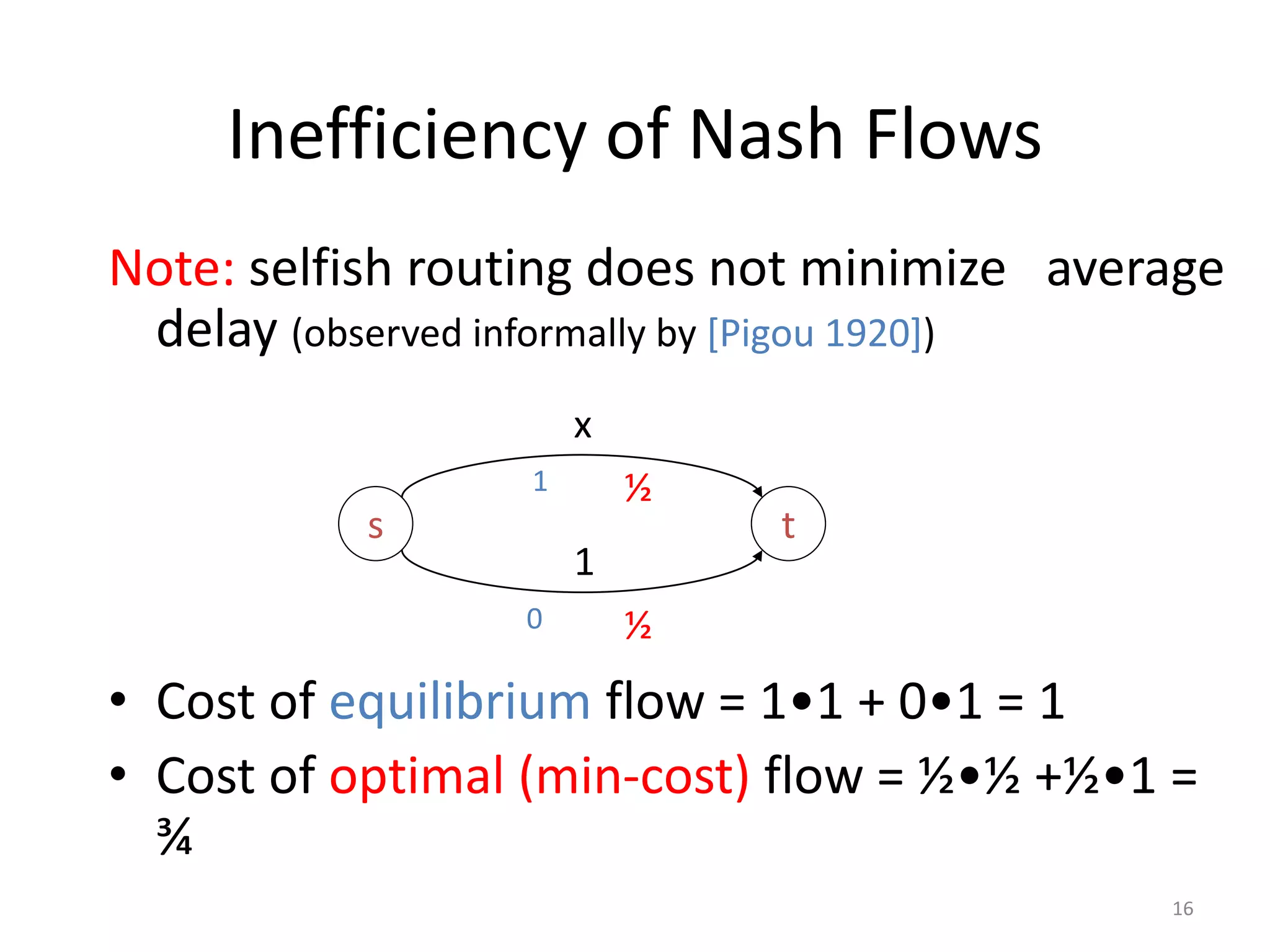 16
Inefficiency of Nash Flows
Note: selfish routing does not minimize average
delay (observed informally by [Pigou 1920])
• Cost of equilibrium flow = 1•1 + 0•1 = 1
• Cost of optimal (min-cost) flow = ½•½ +½•1 =
¾
s t
x
1
0
1 ½
½
 