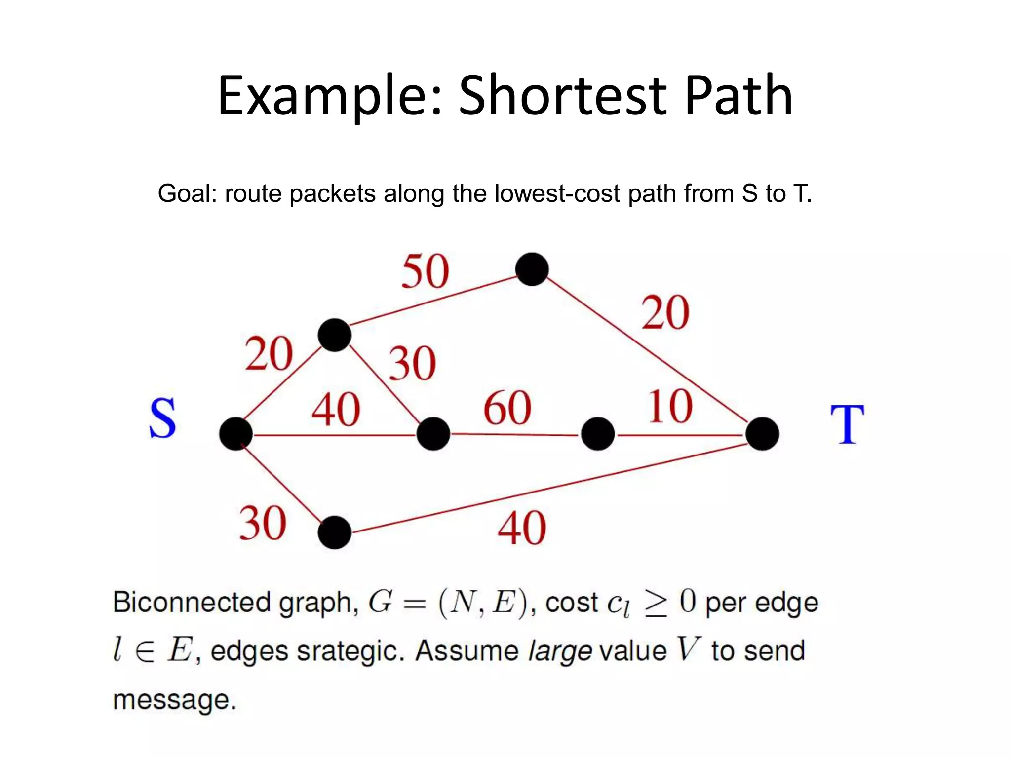 Example: Shortest Path
Goal: route packets along the lowest-cost path from S to T.
 