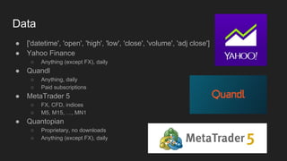 Data
● ['datetime', 'open', 'high', 'low', 'close', 'volume', 'adj close']
● Yahoo Finance
○ Anything (except FX), daily
● Quandl
○ Anything, daily
○ Paid subscriptions
● MetaTrader 5
○ FX, CFD, indices
○ M5, M15, …, MN1
● Quantopian
○ Proprietary, no downloads
○ Anything (except FX), daily
 