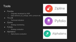 Tools
● Pandas
○ Originally developed by AQR
○ Data retrieval, pct_change, shift, cumsum etc.
● TA-LIB
○ Technical indicators
● Zipline
○ Strategy backtesting
● Pyfolio
○ Strategy evaluation
● Alphalens
○ Alpha factors evaluation
 