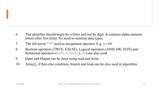 6. The identifier should begin by a letter and not by digit. It contains alpha numeric
letters after first letter. No need to mention data types.
7. The left arrow “:=” used as assignment operator. E.g. v:=10
8. Boolean operators (TRUE, FALSE), Logical operators (AND, OR, NOT) and
Relational operators (<,<=, >, >=,=, ≠, <>) are also used.
9. Input and Output can be done using read and write.
10. Array[], if then else condition, branch and loop can be also used in algorithm.
7/12/2020 Dept. of CSE, CVR College of Engineering, Hyderabad 18
 