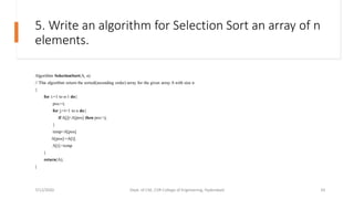 5. Write an algorithm for Selection Sort an array of n
elements.
Algorithm SelectionSort(A, n)
// This algorithm return the sorted(ascending order) array for the given array A with size n
{
for i:=1 to n-1 do{
pos:=i;
for j:=i+1 to n do{
if A[j]<A[pos] then pos:=j;
}
temp=A[pos]
A[pos]:=A[i];
A[i]:=temp
}
return(A);
}
7/12/2020 Dept. of CSE, CVR College of Engineering, Hyderabad 33
 