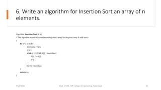 6. Write an algorithm for Insertion Sort an array of n
elements.
Algorithm Insertion Sort(A, n)
// This algorithm return the sorted(ascending order) array for the given array A with size n
{
for i:=2 to n do{
insertdata :=A[i];
j:=i-1;
while (j > 0 AND A[j] > insertdata){
A[j+1]=A[j];
j:=j-1;
}
A[j+1]:=insertdata;
}
return(A);
}
7/12/2020 Dept. of CSE, CVR College of Engineering, Hyderabad 35
 