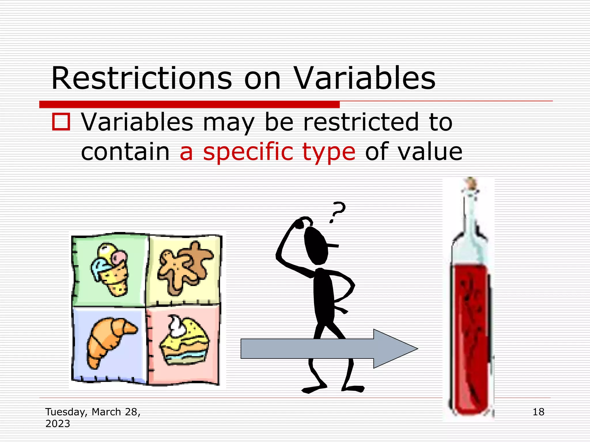 Tuesday, March 28,
2023
18
Restrictions on Variables
 Variables may be restricted to
contain a specific type of value
 