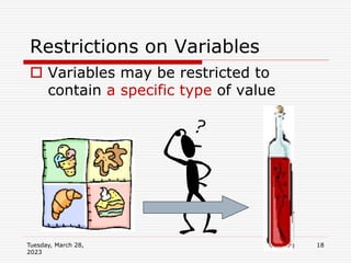Tuesday, March 28,
2023
18
Restrictions on Variables
 Variables may be restricted to
contain a specific type of value
 