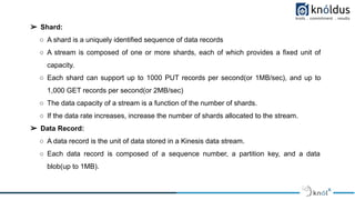 ➢ Shard:
○ A shard is a uniquely identified sequence of data records
○ A stream is composed of one or more shards, each of which provides a fixed unit of
capacity.
○ Each shard can support up to 1000 PUT records per second(or 1MB/sec), and up to
1,000 GET records per second(or 2MB/sec)
○ The data capacity of a stream is a function of the number of shards.
○ If the data rate increases, increase the number of shards allocated to the stream.
➢ Data Record:
○ A data record is the unit of data stored in a Kinesis data stream.
○ Each data record is composed of a sequence number, a partition key, and a data
blob(up to 1MB).
 