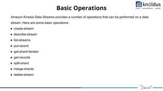 Basic Operations
Amazon Kinesis Data Streams provides a number of operations that can be performed on a data
stream. Here ...