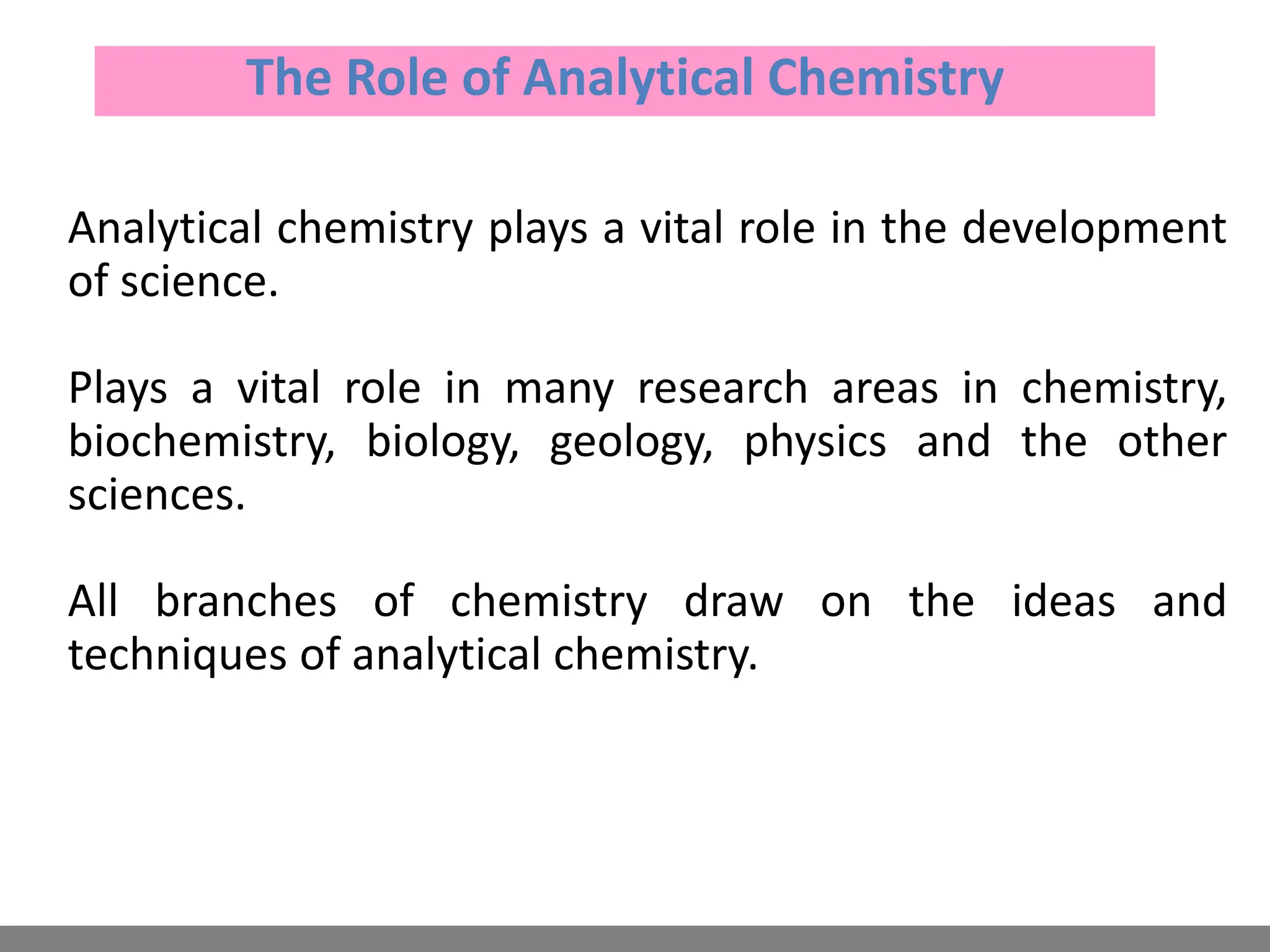 Analytical chemistry plays a vital role in the development
of science.
Plays a vital role in many research areas in chemistry,
biochemistry, biology, geology, physics and the other
sciences.
All branches of chemistry draw on the ideas and
techniques of analytical chemistry.
The Role of Analytical Chemistry
 