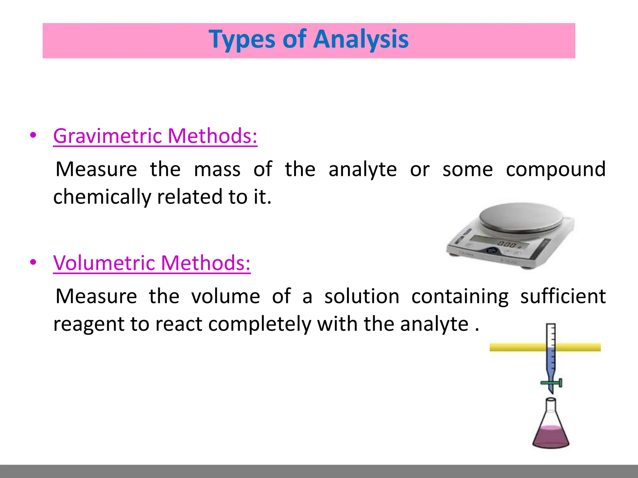 • Gravimetric Methods:
Measure the mass of the analyte or some compound
chemically related to it.
• Volumetric Methods:
Measure the volume of a solution containing sufficient
reagent to react completely with the analyte .
Types of Analysis
 