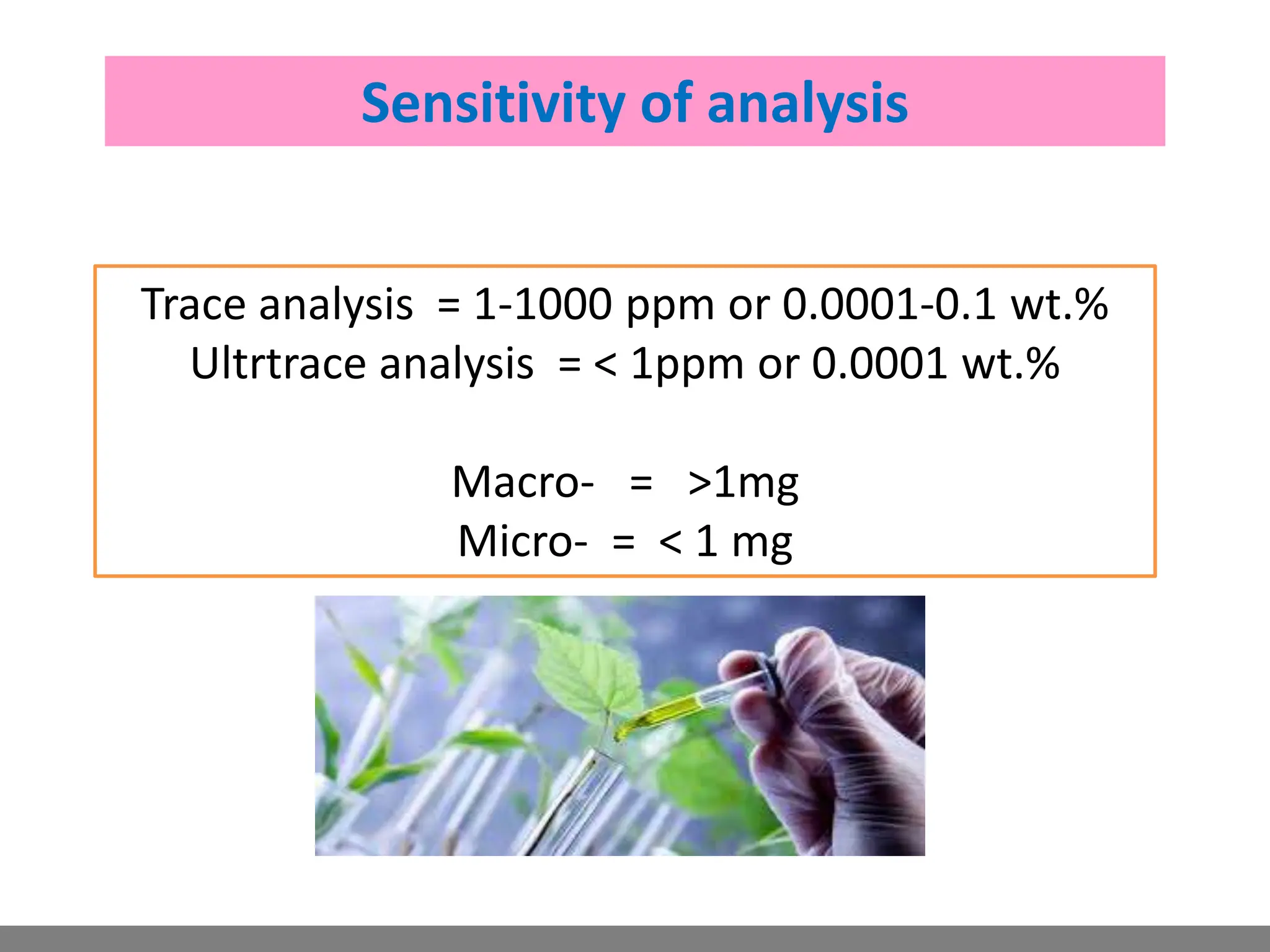 Sensitivity of analysis
Trace analysis = 1-1000 ppm or 0.0001-0.1 wt.%
Ultrtrace analysis = < 1ppm or 0.0001 wt.%
Macro- = >1mg
Micro- = < 1 mg
 